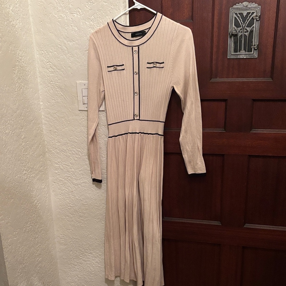 Cream Long-Sleeve Midi Dress with Black Trim